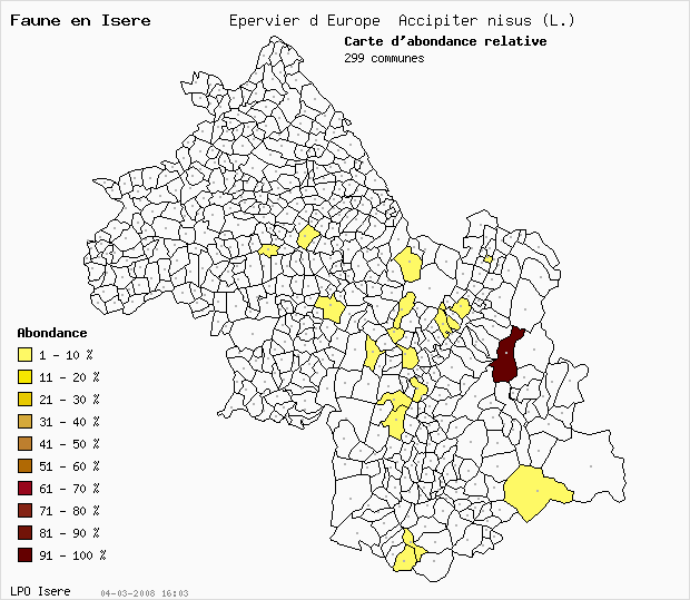 Carte Abondance: Epervier d Europe Accipiter nisus (L.) en Isre