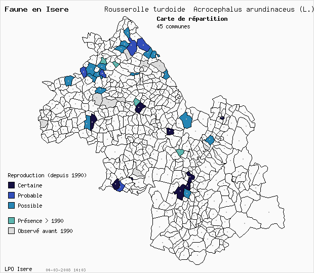 Carte Reproduction: Rousserolle turdode Acrocephalus arundinaceus (L.) en Isre
