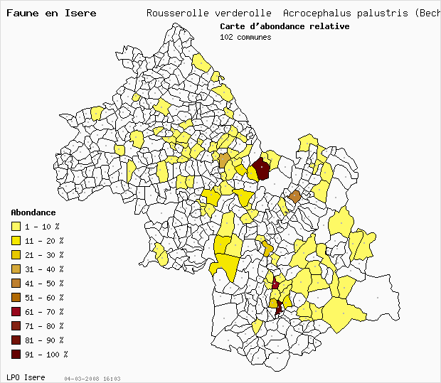 Carte Abondance: Rousserolle verderolle Acrocephalus palustris (Bechst.) en Isre