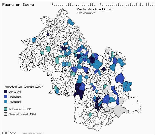 Carte Reproduction: Rousserolle verderolle Acrocephalus palustris (Bechst.) en Isre