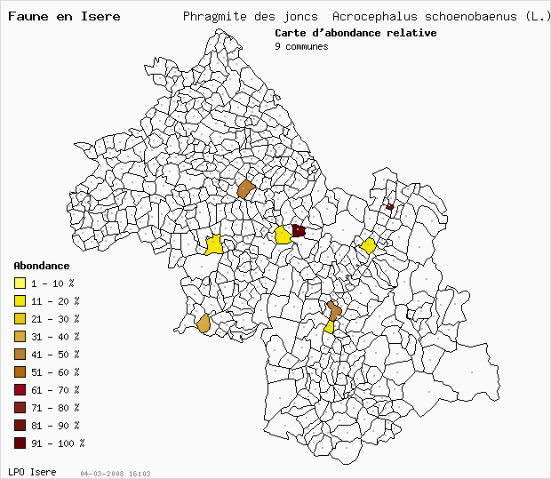 Carte Abondance: Phragmite des joncs Acrocephalus schoenobaenus (L.) en Isre