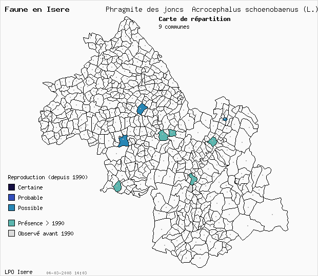Carte Reproduction: Phragmite des joncs Acrocephalus schoenobaenus (L.) en Isre