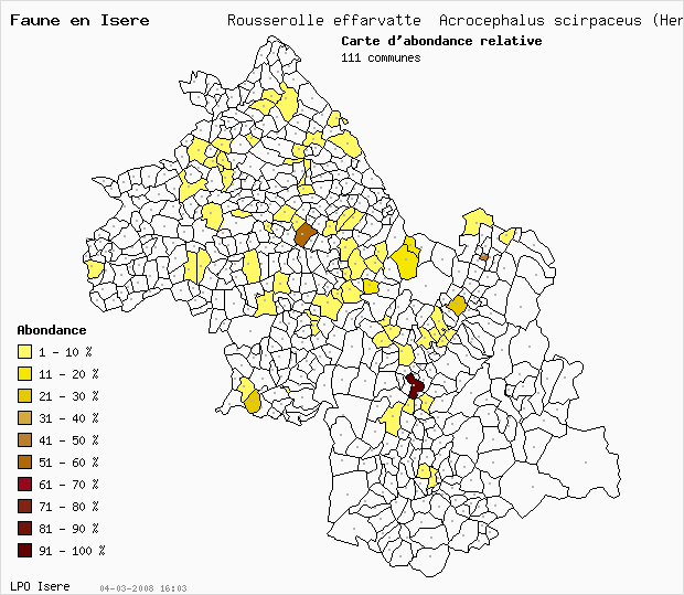 Carte Abondance: Rousserolle effarvatte Acrocephalus scirpaceus (Hermann) en Isre