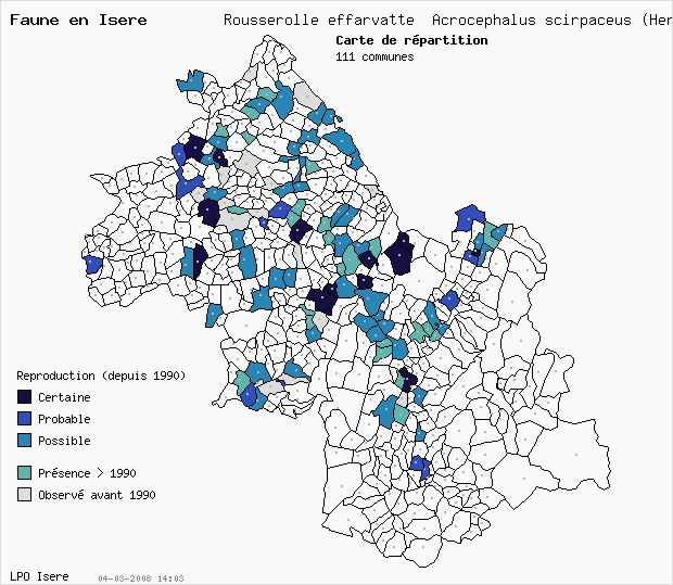 Carte Reproduction: Rousserolle effarvatte Acrocephalus scirpaceus (Hermann) en Isre