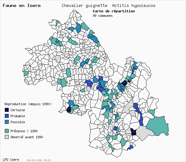 Carte Reproduction: Chevalier guignette Actitis hypoleucos en Isre