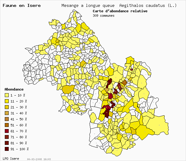 Carte Abondance: Msange  longue queue Aegithalos caudatus (L.) en Isre