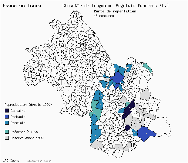Carte Reproduction: Chouette de Tengmalm Aegoluis funereus (L.) en Isre