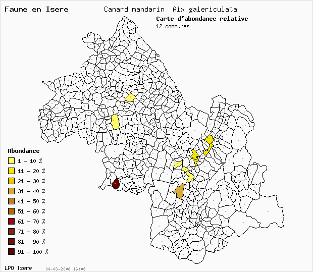 Carte Abondance: Canard mandarin Aix galericulata en Isre