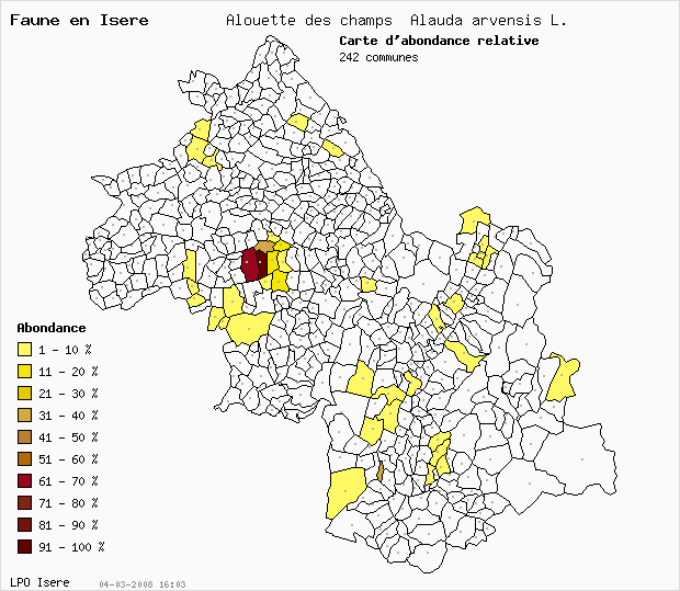 Carte Abondance: Alouette des champs Alauda arvensis L. en Isre