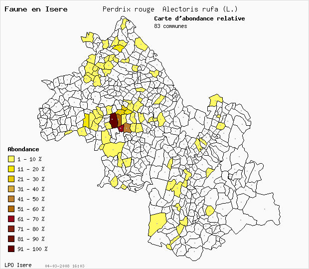 Carte Abondance: Perdrix rouge Alectoris rufa (L.) en Isre