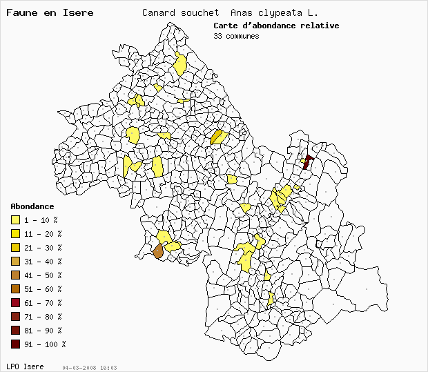 Carte Abondance: Canard souchet Anas clypeata L. en Isre