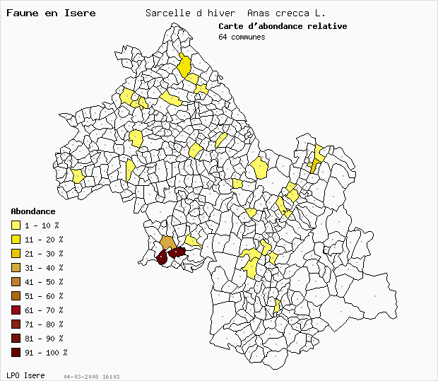 Carte Abondance: Sarcelle d hiver Anas crecca L. en Isre