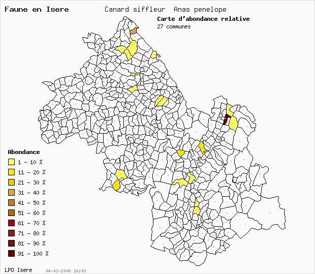 Carte Abondance: Canard siffleur Anas penelope en Isre
