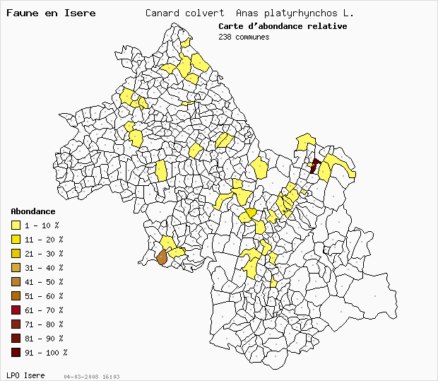 Carte Abondance: Canard colvert Anas platyrhynchos L. en Isre