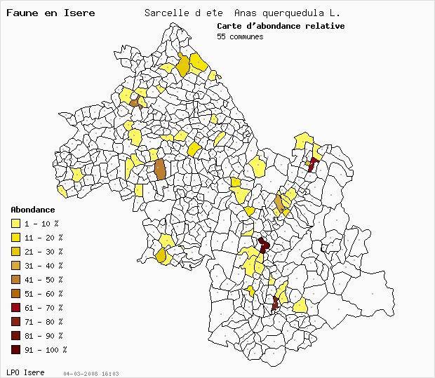 Carte Abondance: Sarcelle d t Anas querquedula L. en Isre