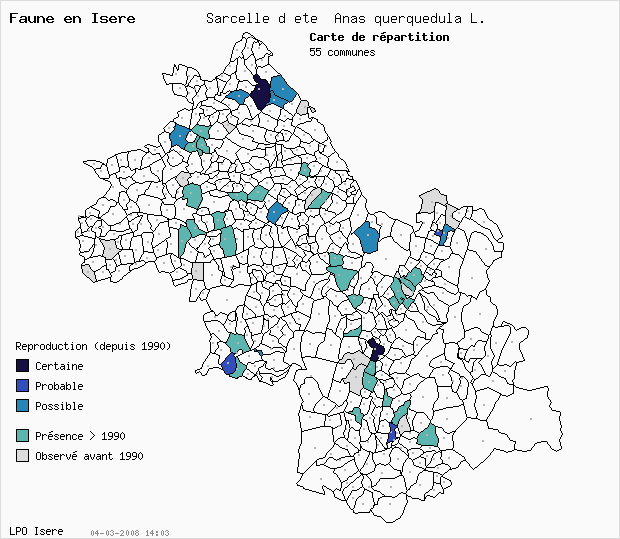 Carte Reproduction: Sarcelle d t Anas querquedula L. en Isre