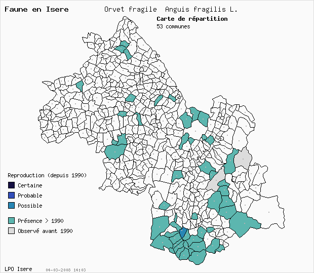 Carte Reproduction: Orvet fragile Anguis fragilis L. en Isre