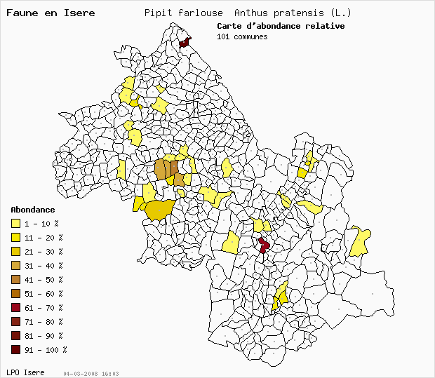 Carte Abondance: Pipit farlouse Anthus pratensis (L.) en Isre