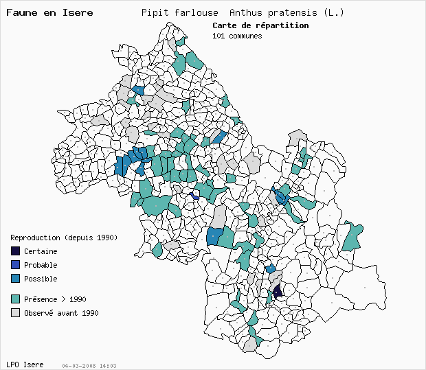 Carte Reproduction: Pipit farlouse Anthus pratensis (L.) en Isre