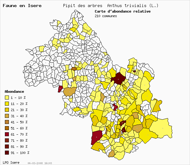 Carte Abondance: Pipit des arbres Anthus trivialis (L.) en Isre