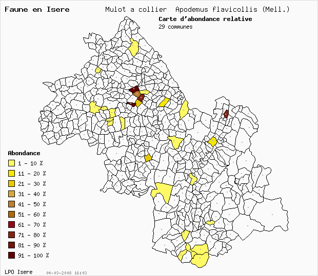 Carte Abondance: Mulot  collier Apodemus flavicollis (Mell.) en Isre