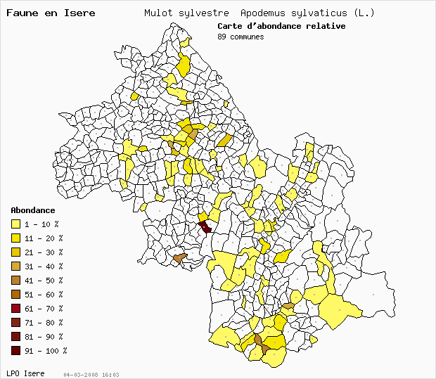 Carte Abondance: Mulot sylvestre Apodemus sylvaticus (L.) en Isre