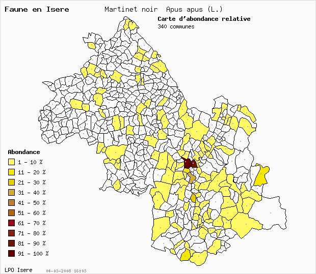 Carte Abondance: Martinet noir Apus apus (L.) en Isre