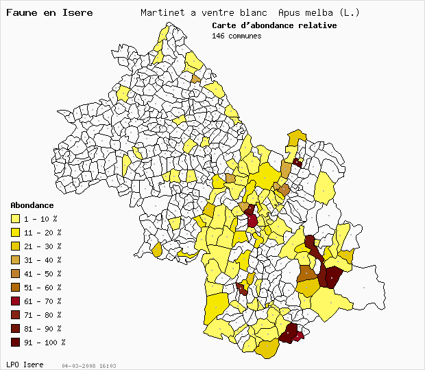 Carte Abondance: Martinet  ventre blanc Apus melba (L.) en Isre