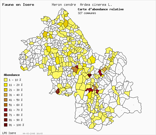 Carte Abondance: Hron cendr Ardea cinerea L. en Isre