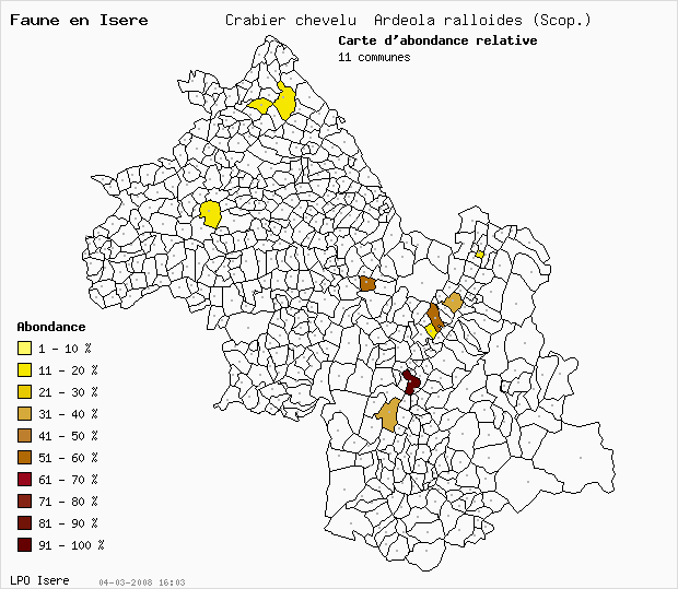Carte Abondance: Crabier chevelu Ardeola ralloides (Scop.) en Isre