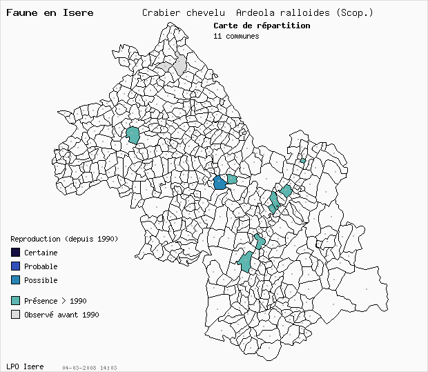 Carte Reproduction: Crabier chevelu Ardeola ralloides (Scop.) en Isre