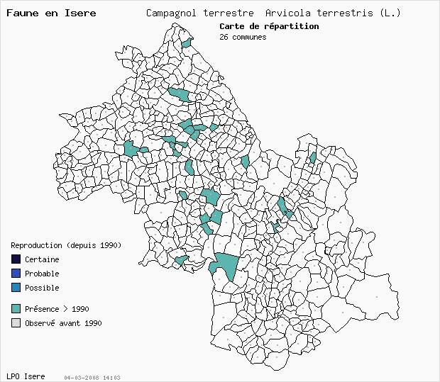 Carte Reproduction: Campagnol terrestre Arvicola terrestris (L.) en Isre