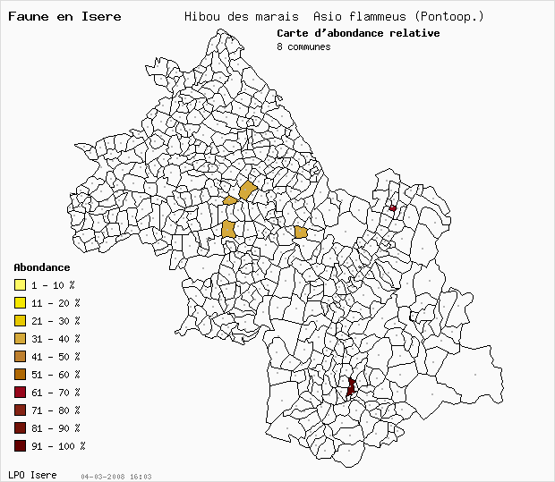 Carte Abondance: Hibou des marais Asio flammeus (Pontoop.) en Isre
