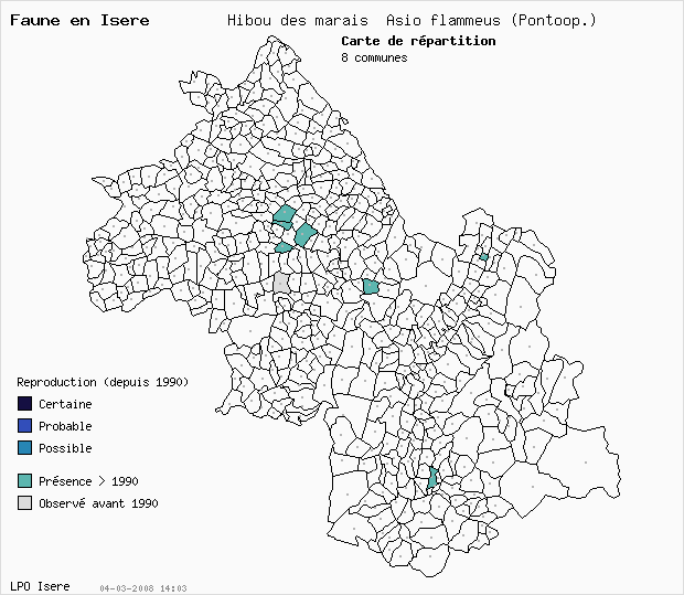 Carte Reproduction: Hibou des marais Asio flammeus (Pontoop.) en Isre