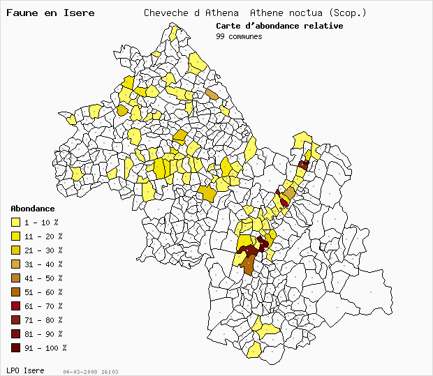 Carte Abondance: Chevche d Athna Athene noctua (Scop.) en Isre