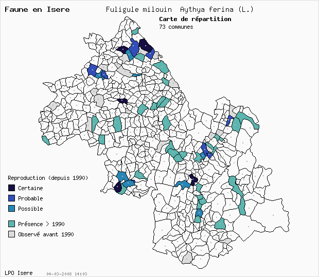 Carte Reproduction: Fuligule milouin Aythya ferina (L.) en Isre