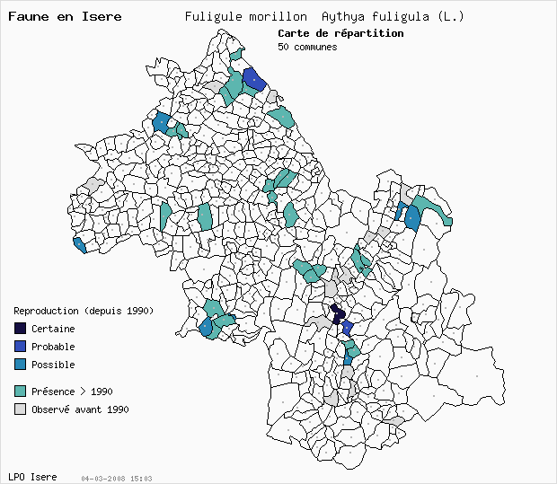 Carte Reproduction: Fuligule morillon Aythya fuligula (L.) en Isre