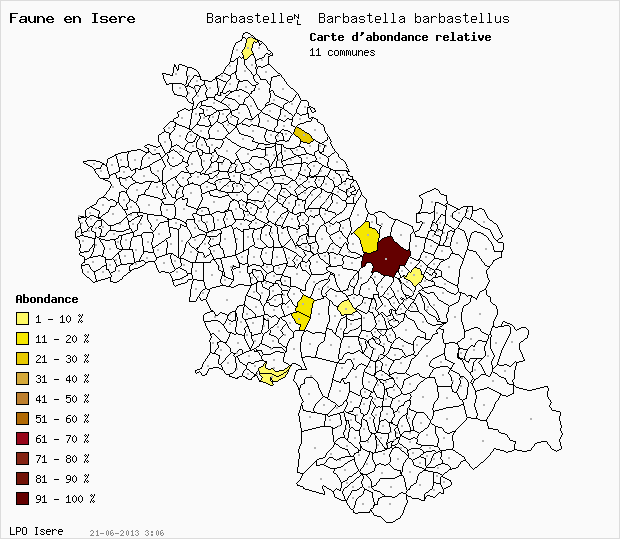 Carte Abondance: Barbastelle	 Barbastella barbastellus en Isre