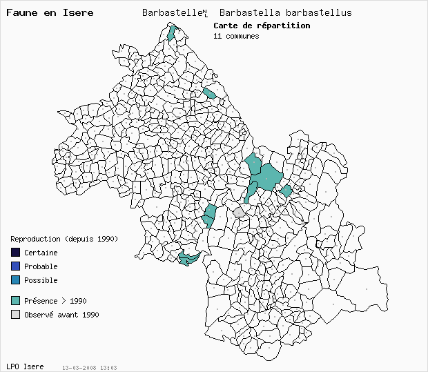 Carte Reproduction: Barbastelle	 Barbastella barbastellus en Isre