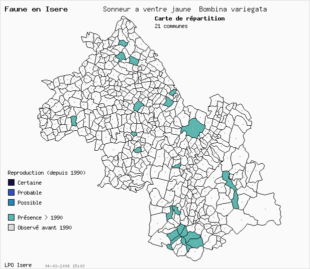Carte Reproduction: Sonneur  ventre jaune Bombina variegata en Isre