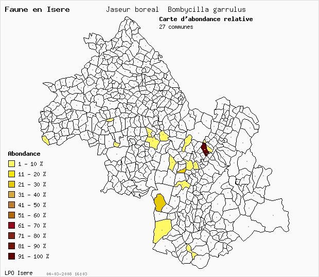 Carte Abondance: Jaseur boral Bombycilla garrulus en Isre