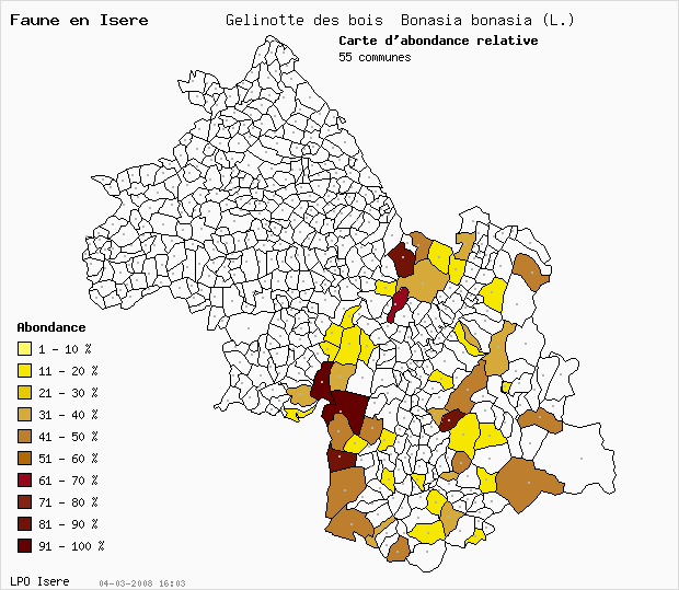 Carte Abondance: Glinotte des bois Bonasia bonasia (L.) en Isre