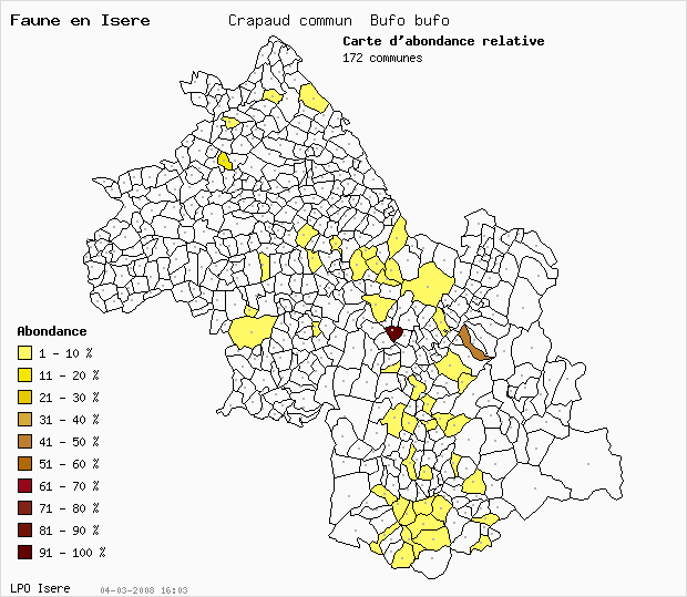 Carte Abondance: Crapaud commun Bufo bufo en Isre