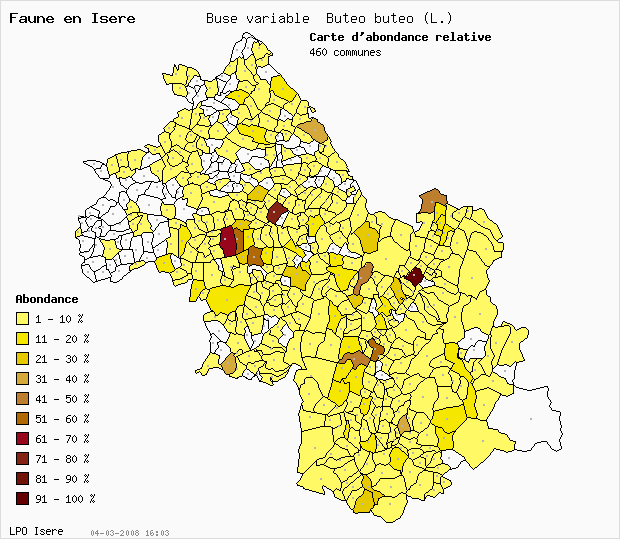 Carte Abondance: Buse variable Buteo buteo (L.) en Isre