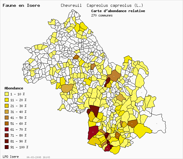Carte Abondance: Chevreuil Capreolus capreolus (L.) en Isre