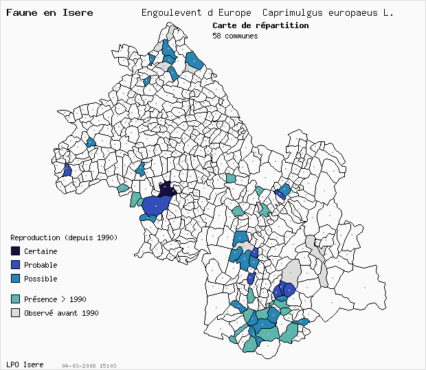 Carte Reproduction: Engoulevent d Europe Caprimulgus europaeus L. en Isre