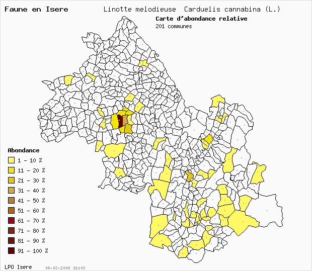 Carte Abondance: Linotte mlodieuse Carduelis cannabina (L.) en Isre