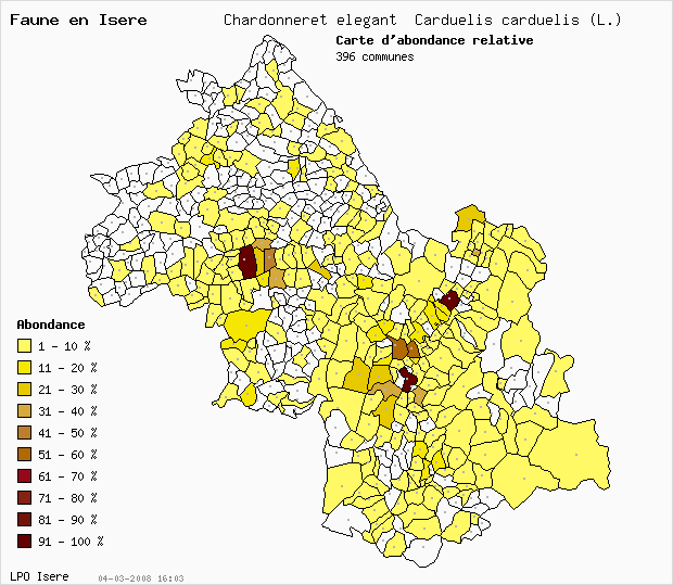 Carte Abondance: Chardonneret lgant Carduelis carduelis (L.) en Isre
