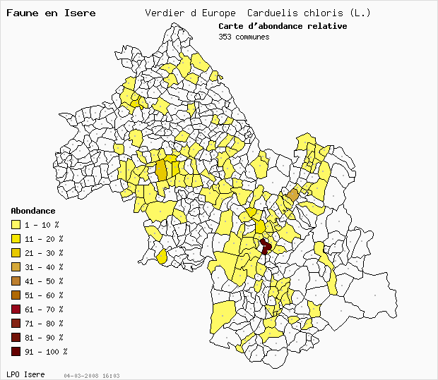 Carte Abondance: Verdier d Europe Carduelis chloris (L.) en Isre