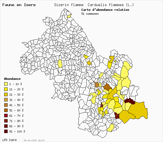 Carte Abondance: Sizerin flamm Carduelis flammea (L.) en Isre